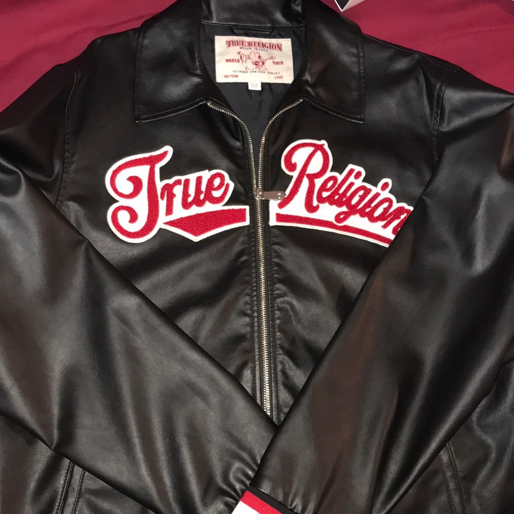 True religion varsity styled leather jacket